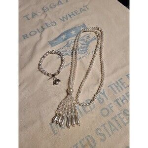 19" 3 Strands  Pearl Necklace Cubic Zirconia Pave Pendant With 1 Strand Bracelet